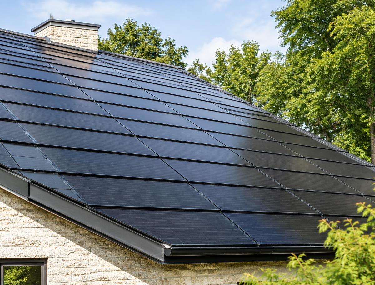 Close view of flush solar panels integrated into a pitched roof