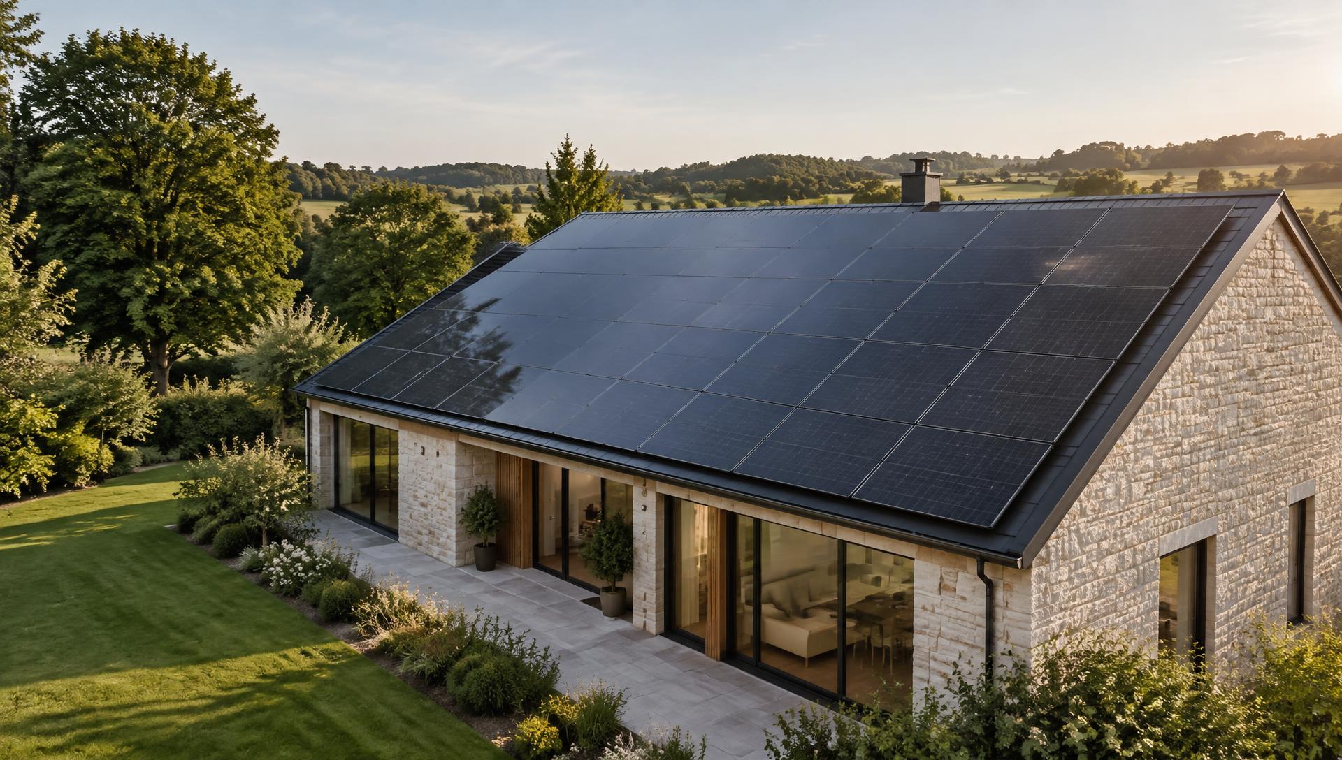 Modern stone home with a sleek solar panel roof surrounded by green countryside